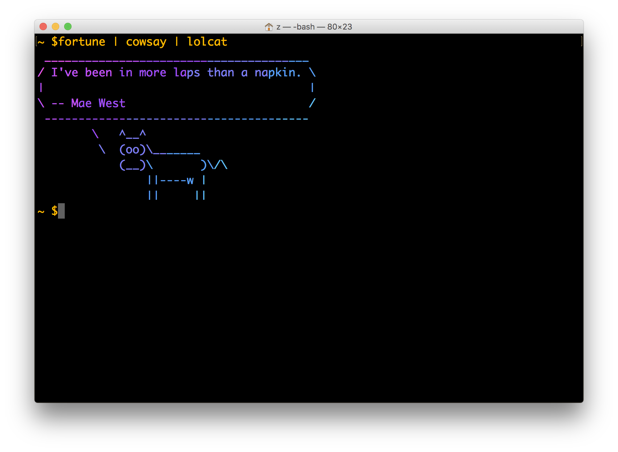 fortune cowsay lolcat output